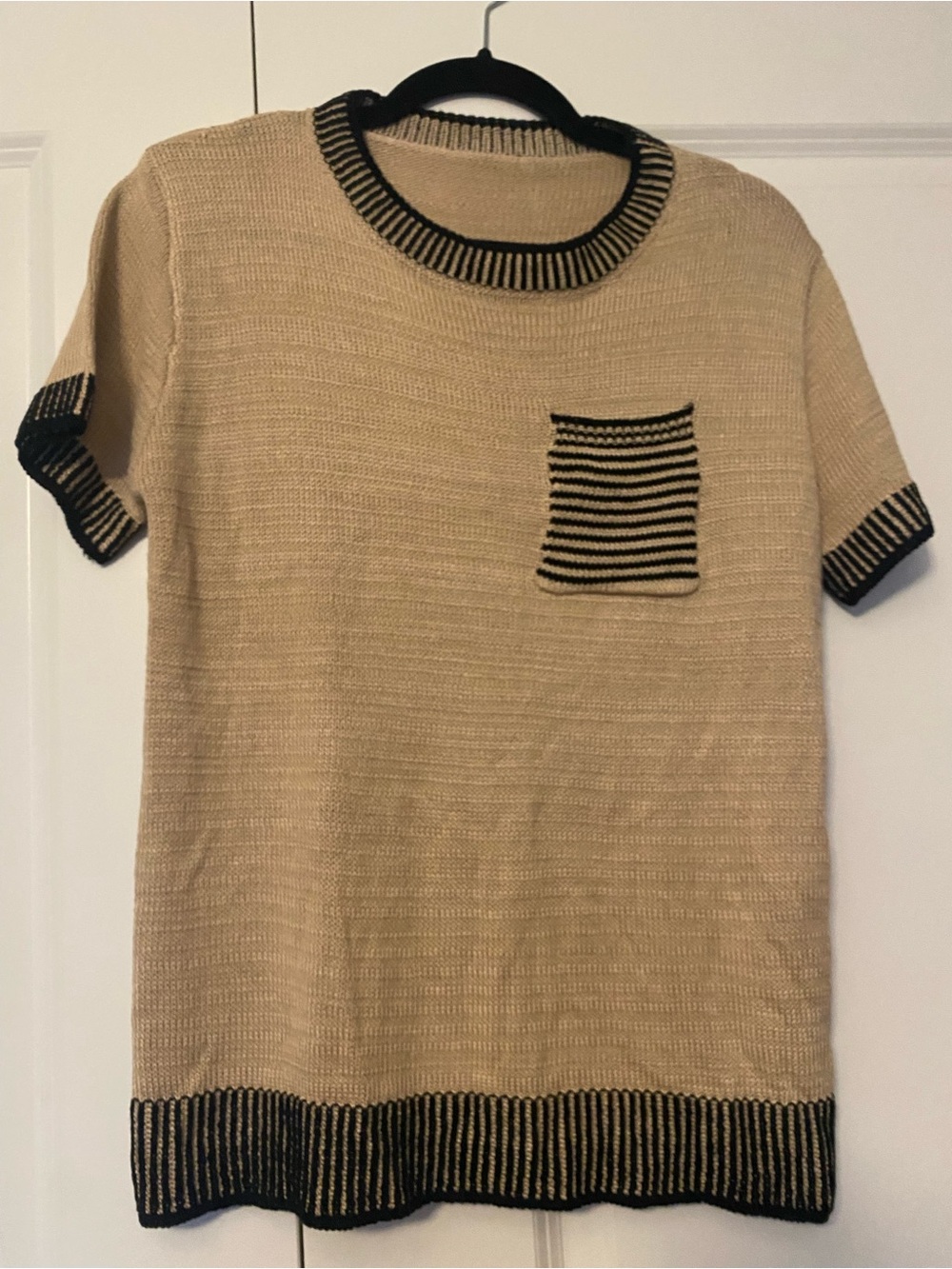 Beige Short-Sleeve Knit Sweater with black stripes